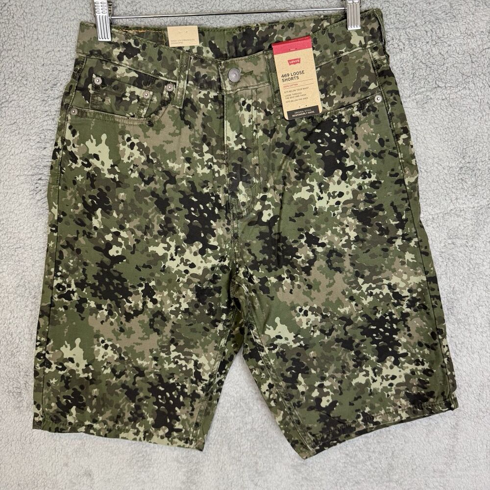 Levis 469 Shorts Mens 29 Green Camo Cotton Flat Front Jorts Causal Skater‎ NWT